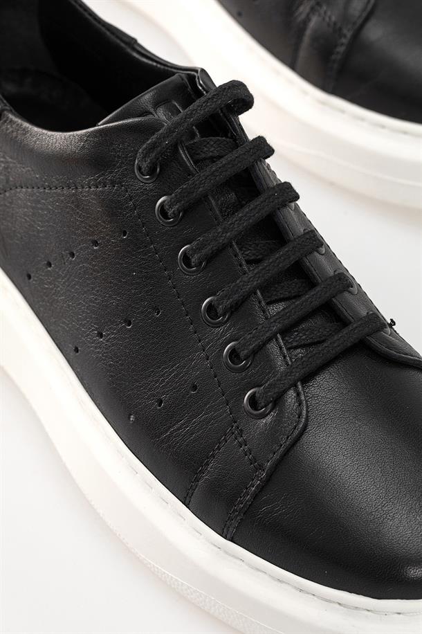 Siyah %100 Deri Esnek Taban Sneaker Ayakkabı