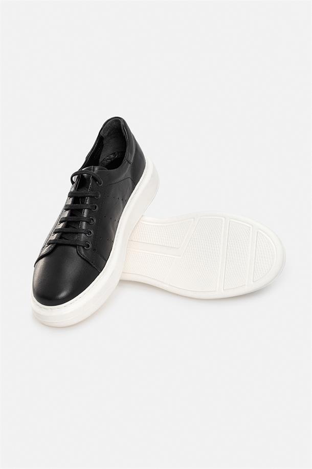 Siyah %100 Deri Esnek Taban Sneaker Ayakkabı
