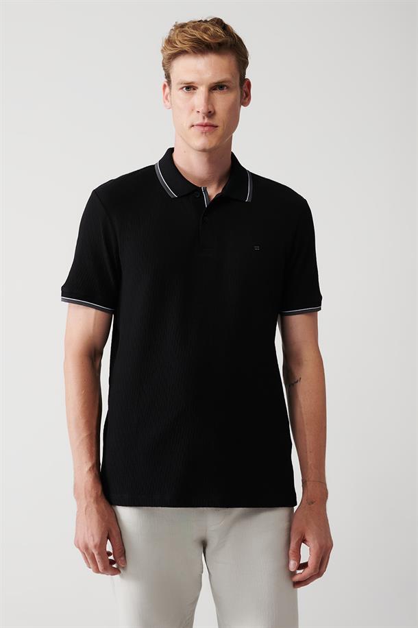 Siyah %100 Pamuk Jakarlı Regular Fit 2 Düğmeli Polo Yaka T-Shirt