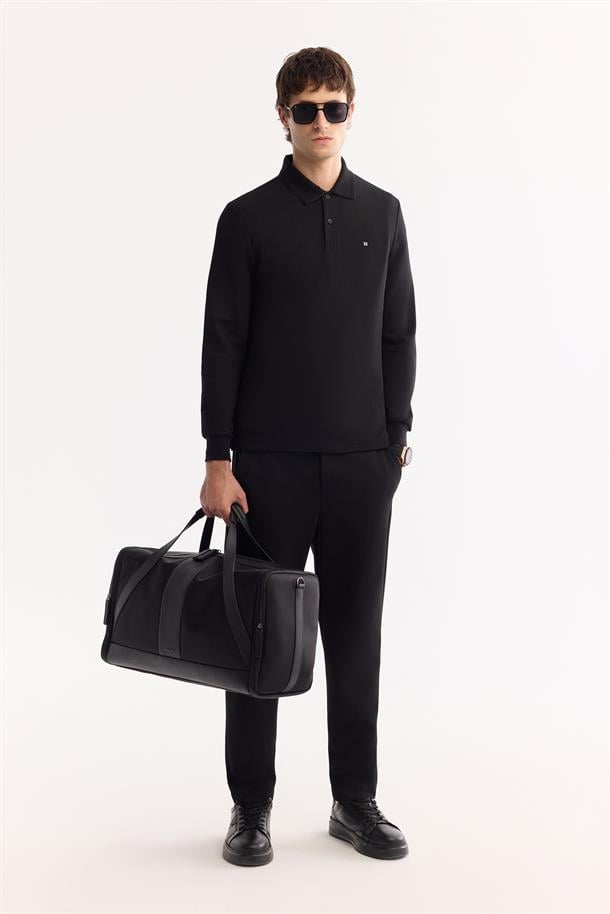 Siyah 2 Düğmeli Pamuklu Polo Yaka Basic Sweatshirt