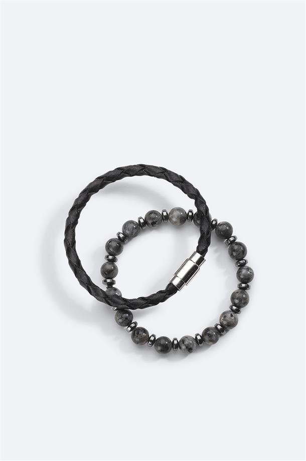 Black Leather and Stone Beaded Bracelet