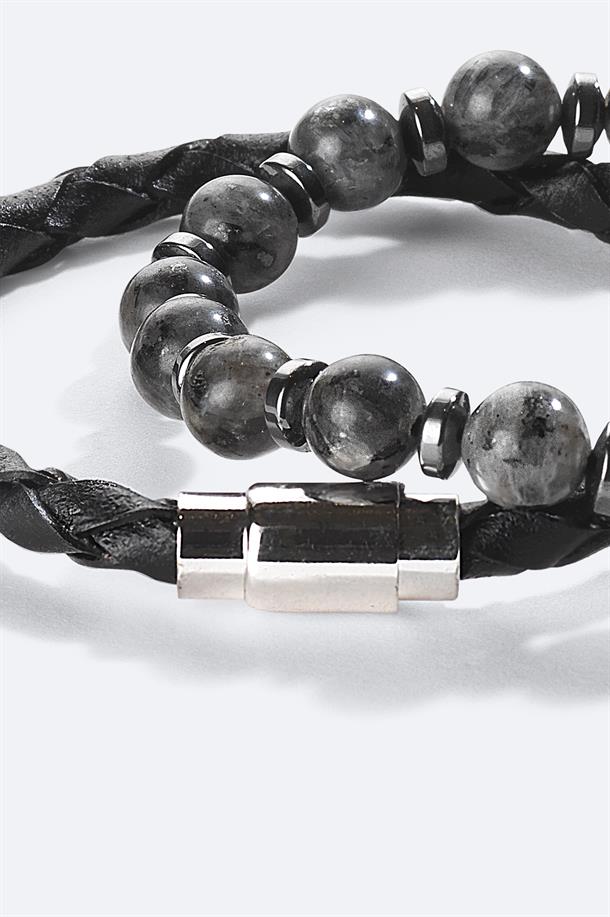 Black Leather and Stone Beaded Bracelet