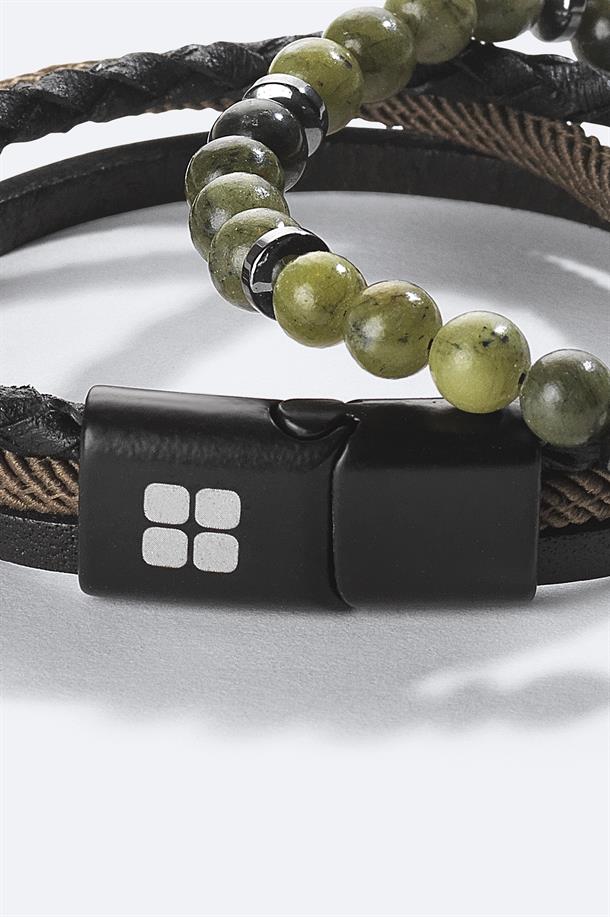 Black Leather and Stone Beaded Bracelet