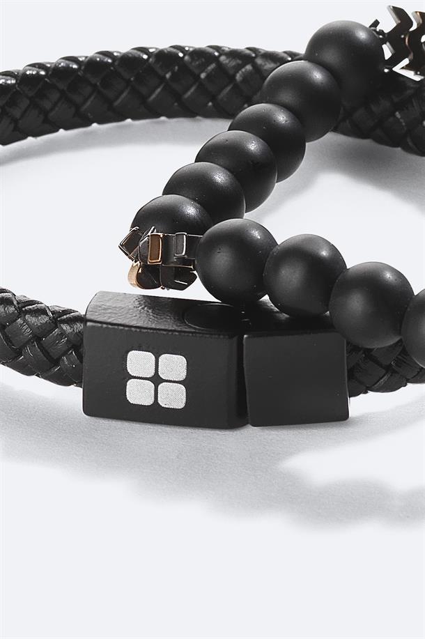 Black Leather and Stone Beaded Bracelet