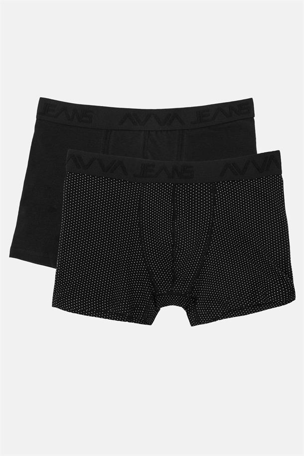 Siyah 2'li Boxer Desenli/Düz Esnek Pamuklu Kutulu Comfort Fit