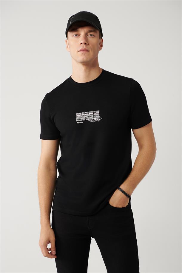 Siyah Baskılı Bisiklet Yaka İnterlok T-shirt