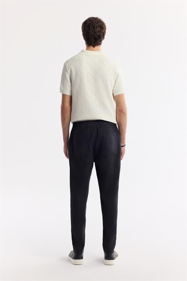 Siyah Beli Lastikli %100 Keten Pantolon