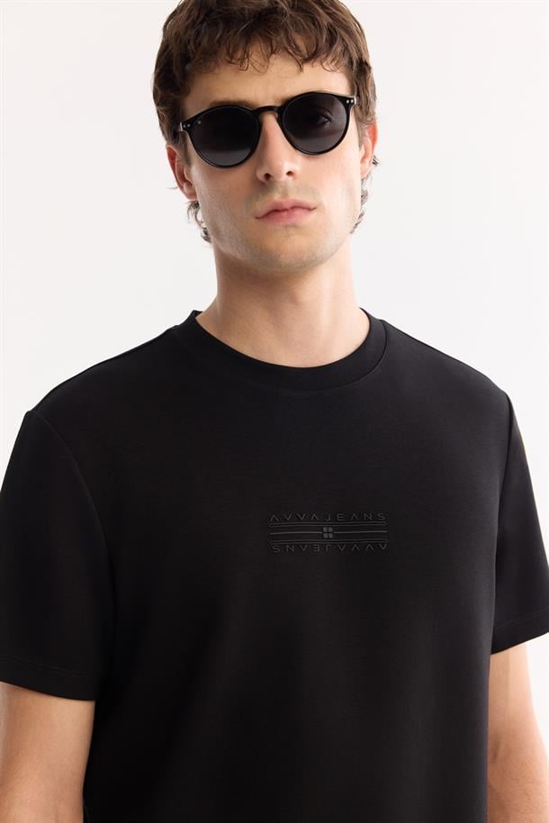 Siyah Bi-Stretch Baskılı İnterlok T-Shirt