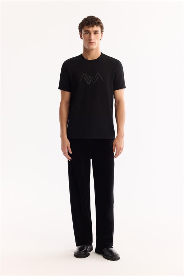 Siyah Bi-Stretch Baskılı İnterlok T-Shirt