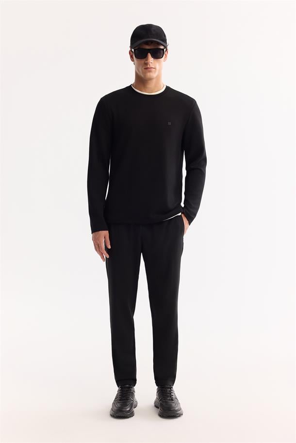 Siyah Bi-Stretch Viskon Karışımlı Sweatshirt