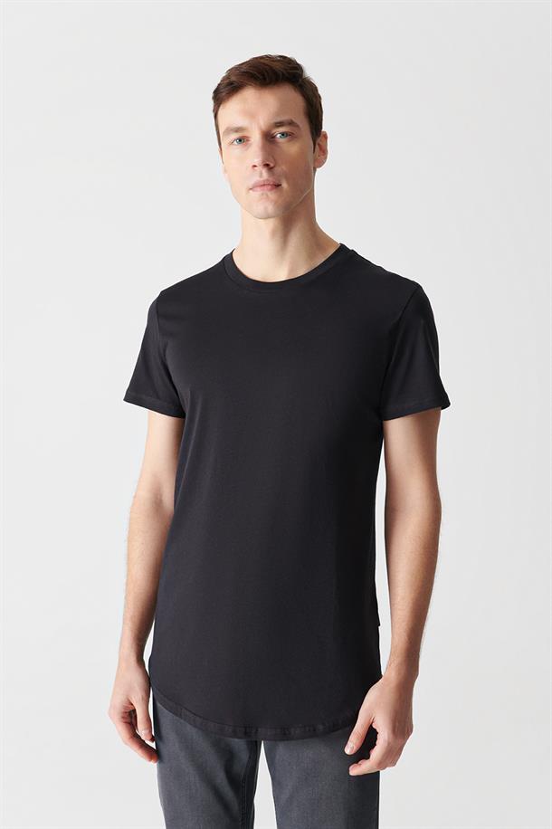 Siyah Bisiklet Yaka Basic Long Fit T-Shirt