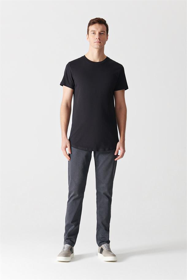 Siyah Bisiklet Yaka Basic Long Fit T-Shirt