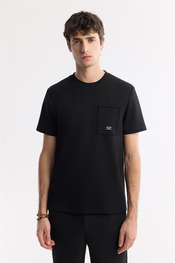Siyah Bisiklet Yaka Baskılı Bi Stretch İnterlok T-Shirt