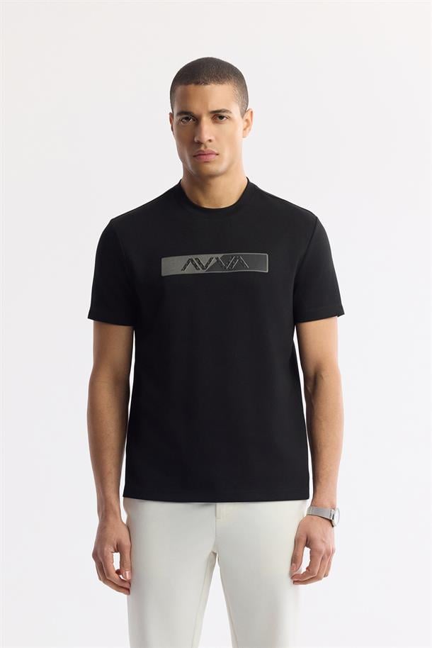 Siyah Bisiklet Yaka Baskılı Bi Stretch İnterlok T-Shirt