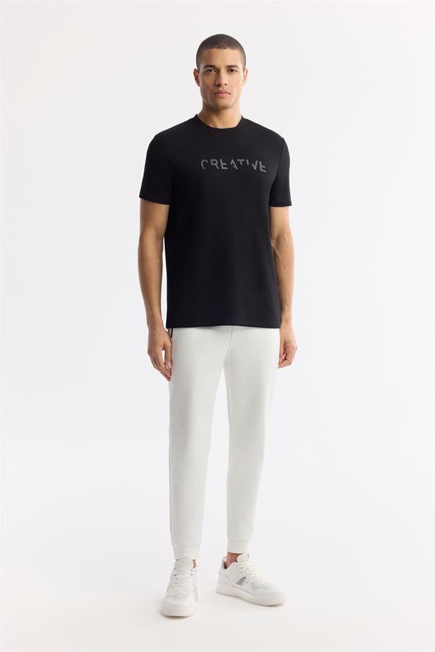 Siyah Bisiklet Yaka Baskılı İnterlok T-Shirt