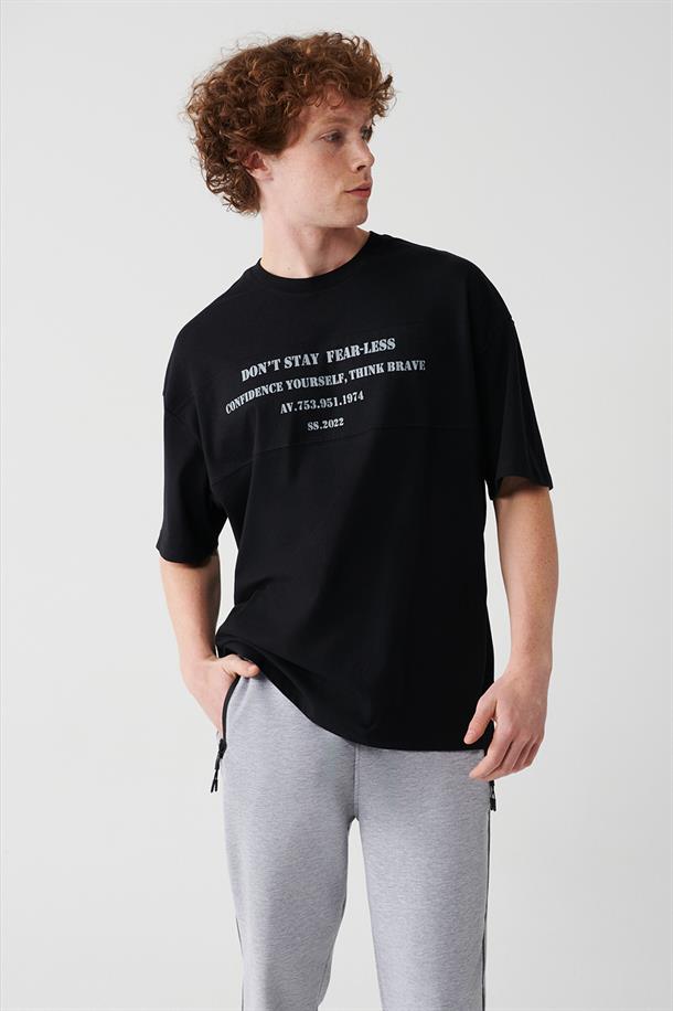 Siyah Bisiklet Yaka Baskılı  Oversize T-Shirt