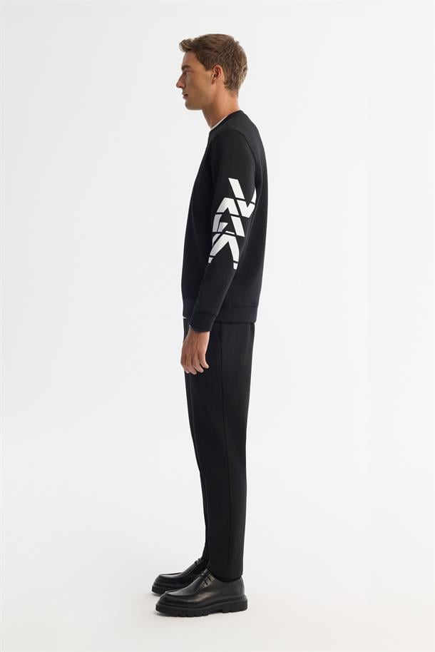 Siyah Bisiklet Yaka Baskılı  Sweatshirt