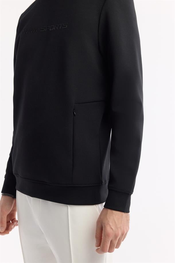 Siyah Bisiklet Yaka Enjeksiyon Baskılı Gizli Fermuarlı İnterlok Sweatshirt