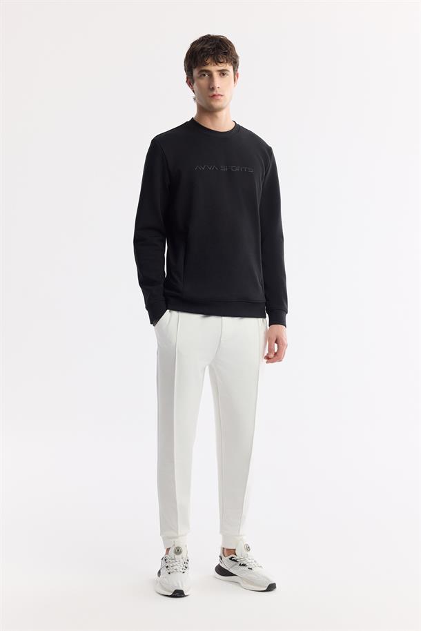 Siyah Bisiklet Yaka Enjeksiyon Baskılı Gizli Fermuarlı İnterlok Sweatshirt