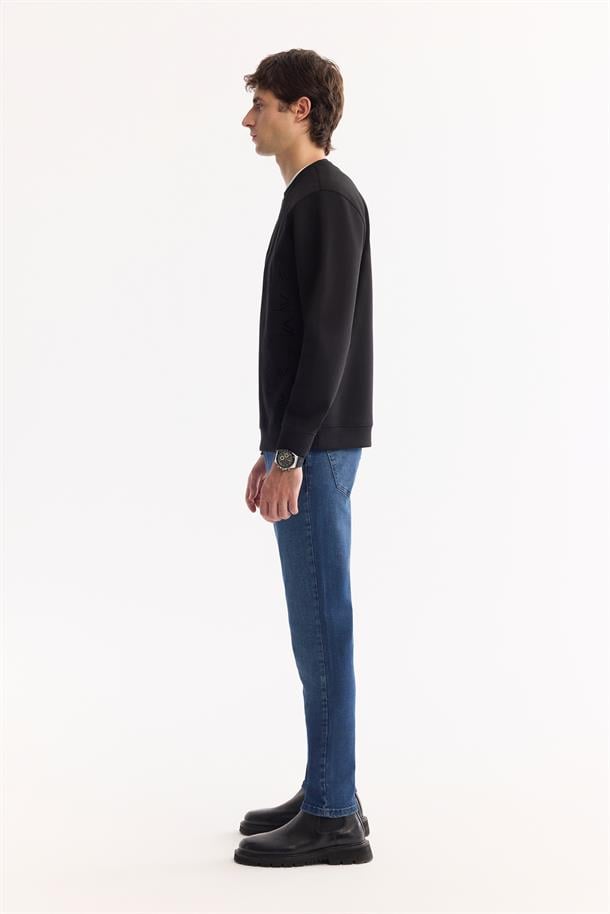 Siyah Bisiklet Yaka Fileksi  Baskılı İnterlok Sweatshirt