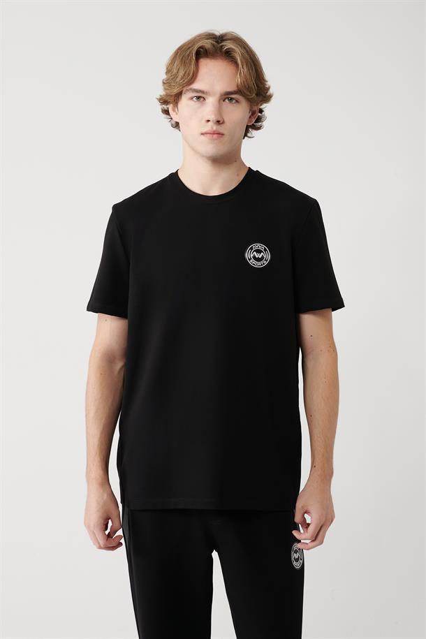Siyah Bisiklet Yaka Garnili 2 İplik T-shirt