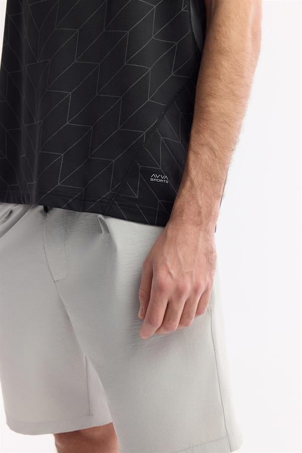 Siyah Bisiklet Yaka Geometrik Desenli Bloklu Teknik Kumaş Detaylı T-shirt