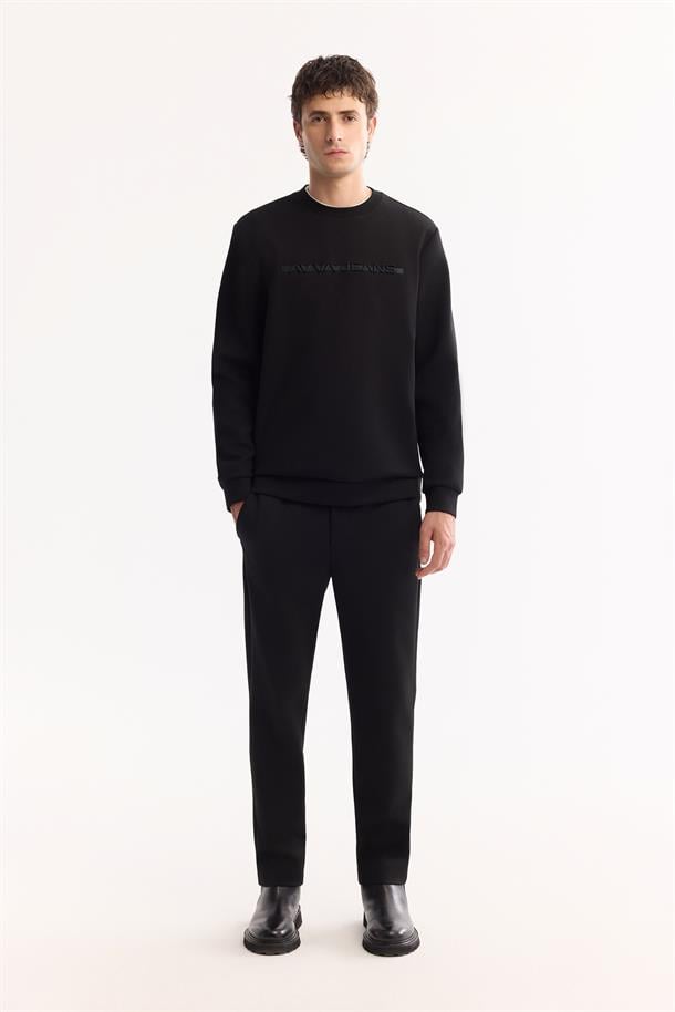 Siyah Bisiklet Yaka Gofre  Baskılı İnterlok Sweatshirt