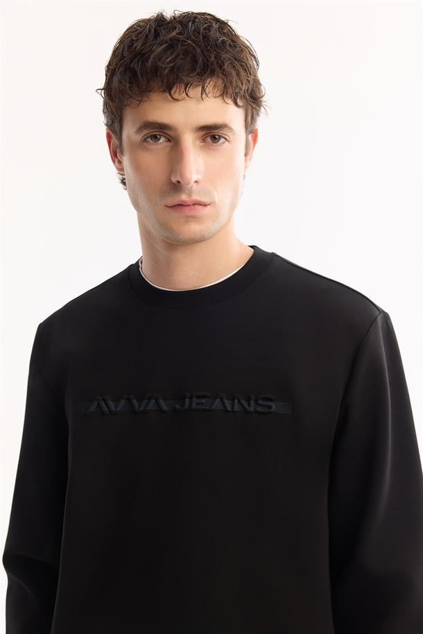 Siyah Bisiklet Yaka Gofre  Baskılı İnterlok Sweatshirt
