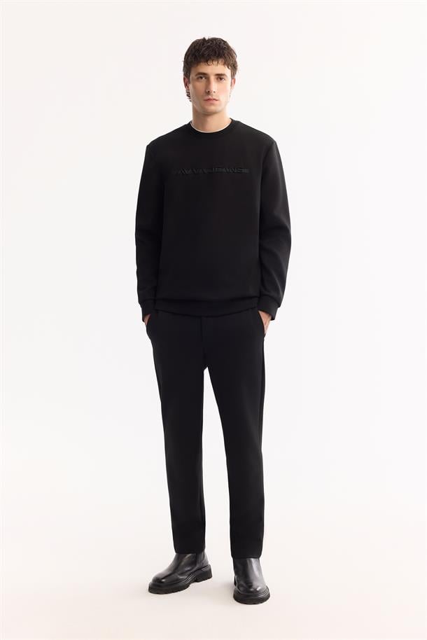 Siyah Bisiklet Yaka Gofre  Baskılı İnterlok Sweatshirt