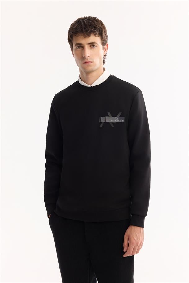 Siyah Bisiklet Yaka Göğsü Hologram Baskı  İnterlok Sweatshirt
