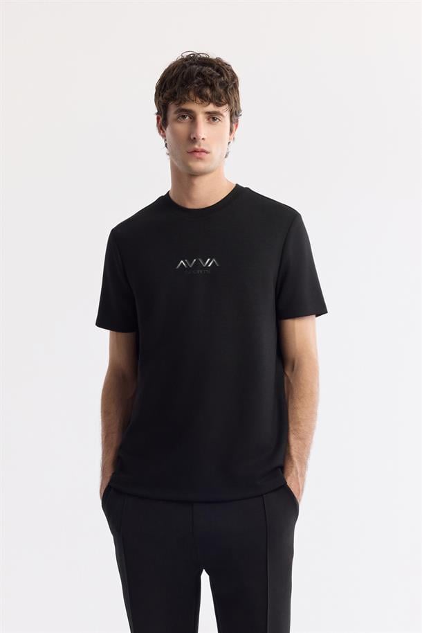 Siyah Bisiklet Yaka Hologram Baskılı İnterlok T-Shirt