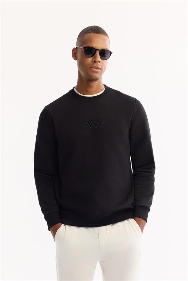 Siyah Bisiklet Yaka İçi 3 İplik Şardonlu Sweatshirt