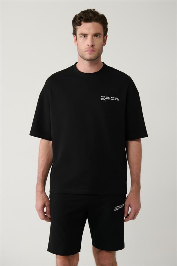 Siyah Bisiklet Yaka Oversize Baskılı T-shirt, Örme Regular Şort 2 iplik Takım