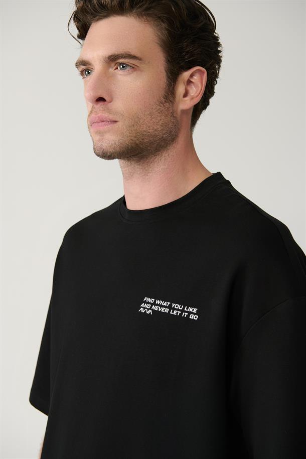 Siyah Bisiklet Yaka Oversize Baskılı T-shirt, Örme Regular Şort 2 iplik Takım