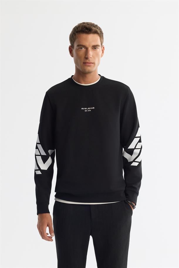 Siyah Bisiklet Yaka Pamuklu Baskılı Elastan Sweatshirt