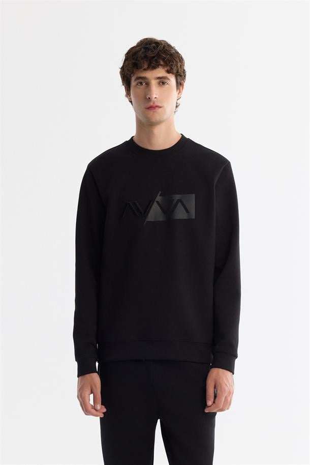 Siyah Bisiklet Yaka Pamuklu Baskılı Sweatshirt