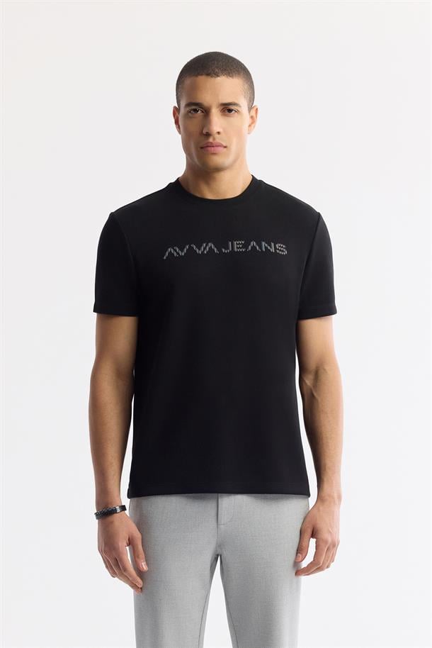 Siyah Bisiklet Yaka Reflektör Baskılı İnterlok T-Shirt