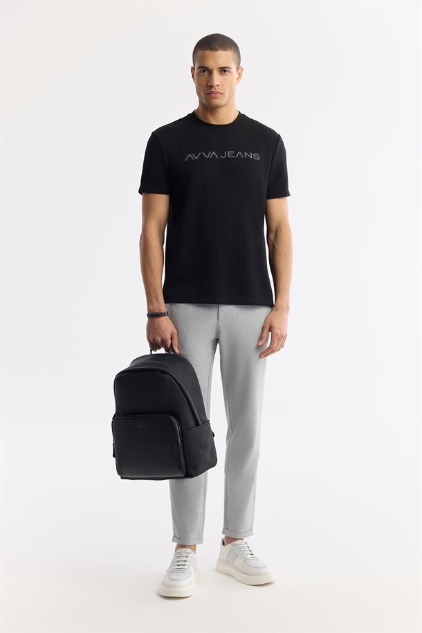Siyah Bisiklet Yaka Reflektör Baskılı İnterlok T-Shirt