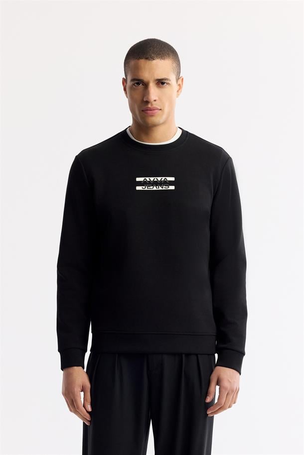Siyah Bisiklet Yaka Silikon Transfer Baskılı İnterlok Sweatshirt