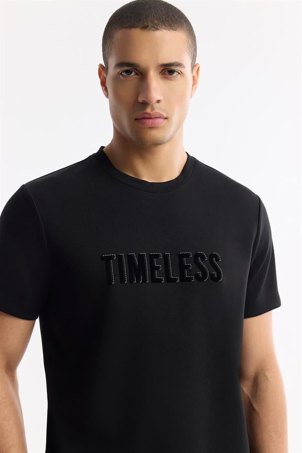 Siyah Bisiklet Yaka Slogan Baskılı İnterlok T-Shirt