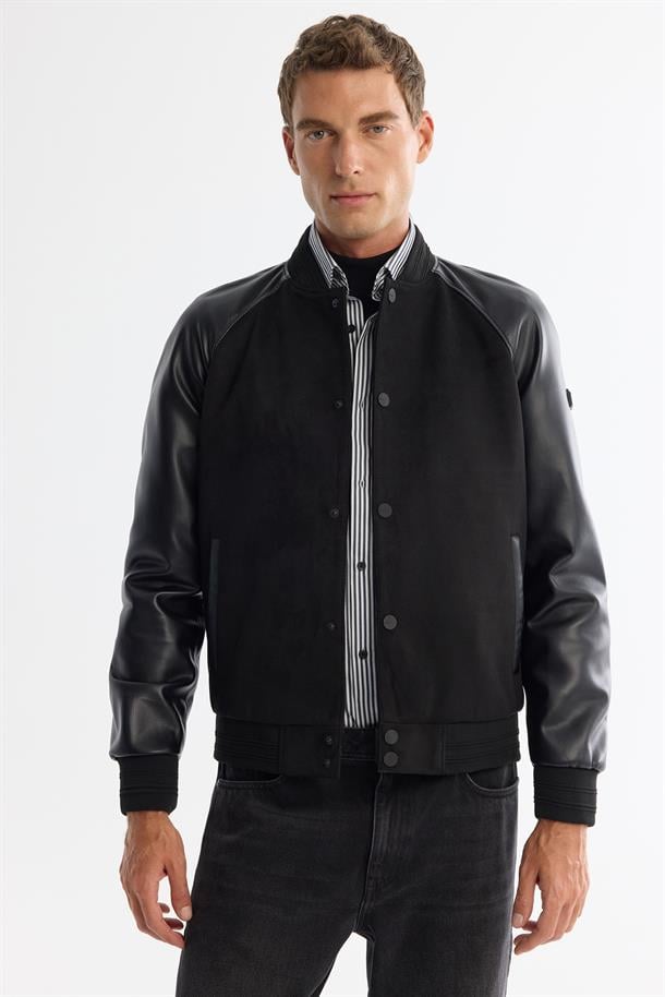 Siyah Bomber Yaka Süet Görünümlü Mont