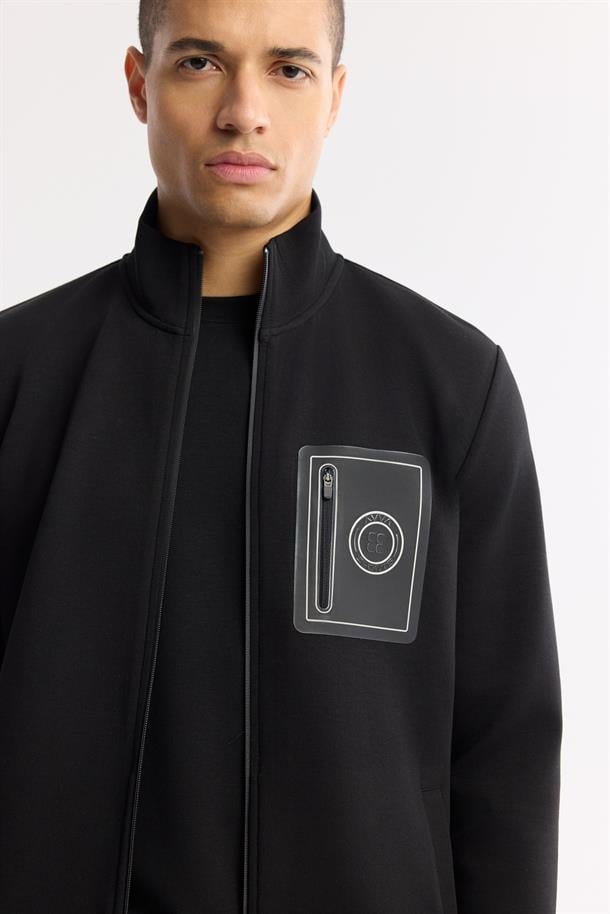 Siyah Dik Yaka Enjeksiyon Baskılı Fermuarlı İnterlok Sweatshirt Hırka