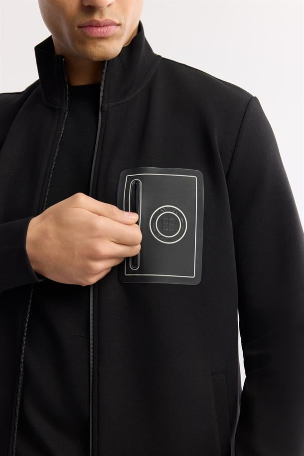 Siyah Dik Yaka Enjeksiyon Baskılı Fermuarlı İnterlok Sweatshirt Hırka