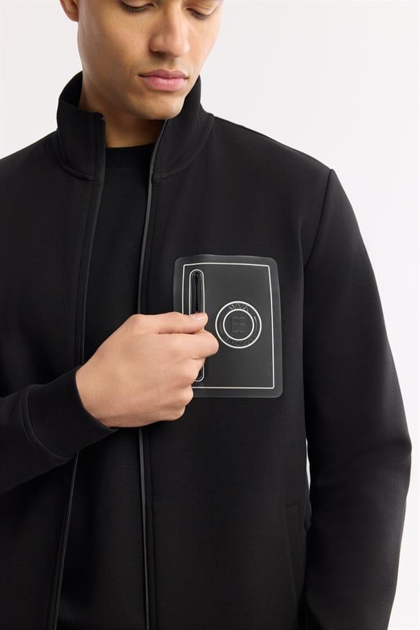 Siyah Dik Yaka Enjeksiyon Baskılı Fermuarlı İnterlok Sweatshirt Hırka