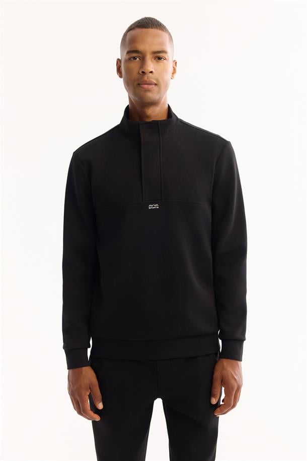 Siyah Dik Yaka  Fermuarlı Gizli Pat  İnterlok Sweatshirt