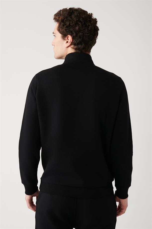 Siyah Dik Yaka Fermuarlı İçi Polarlı 3 İplik Regular Fit Standart Kesim Unisex Sweatshirt