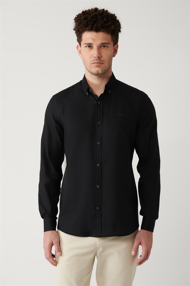Siyah Düğmeli Yaka Oxford Pamuklu Regular Fit Gömlek