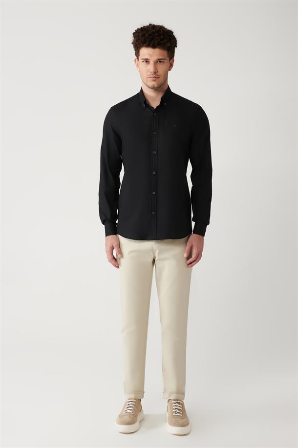 Siyah Düğmeli Yaka Oxford Pamuklu Regular Fit Gömlek
