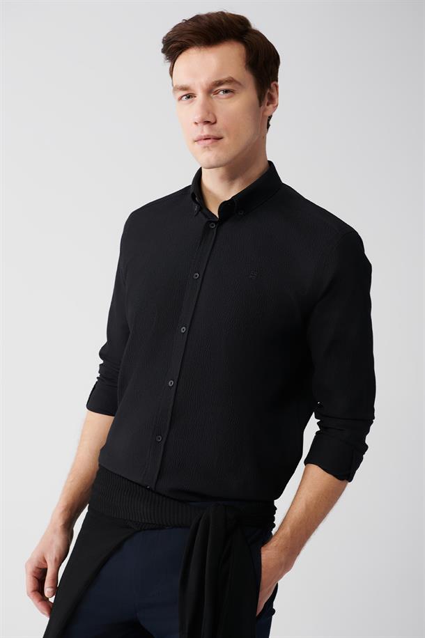 Siyah Düğmeli Yaka Seersucker Pamuklu Comfort Fit Gömlek