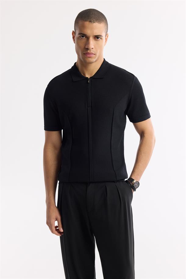 Siyah Fermuarlı Polo Yaka Dokulu Rayon Triko T-shirt
